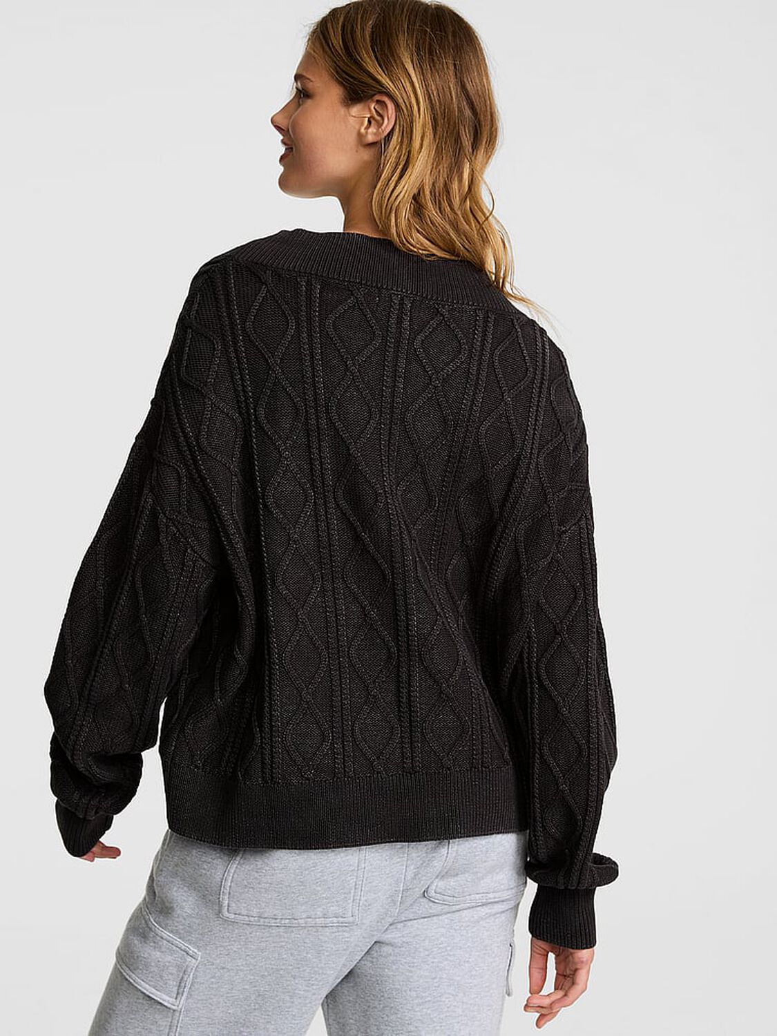 vs Pink Oversized Cable Knit V-Neck Sweater Pure Black 2 of 3 