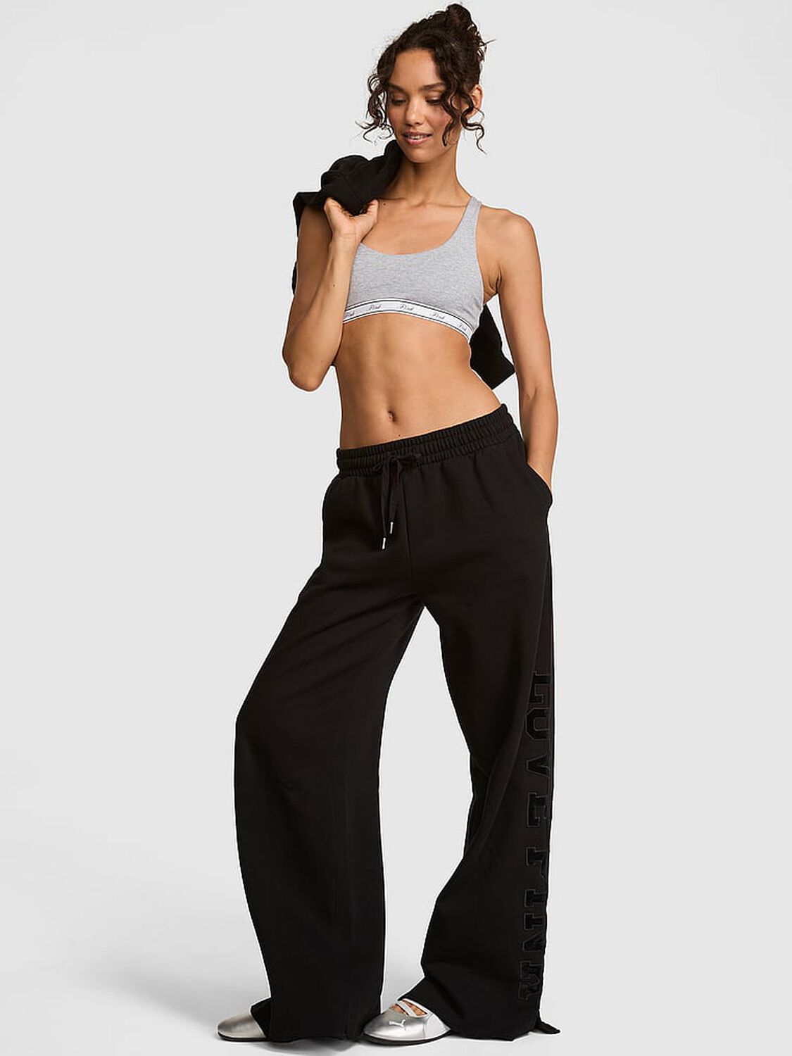 vs Pink Campus Fleece&trade; Wide-Leg Split-Hem Sweatpants Black 1 of 2 