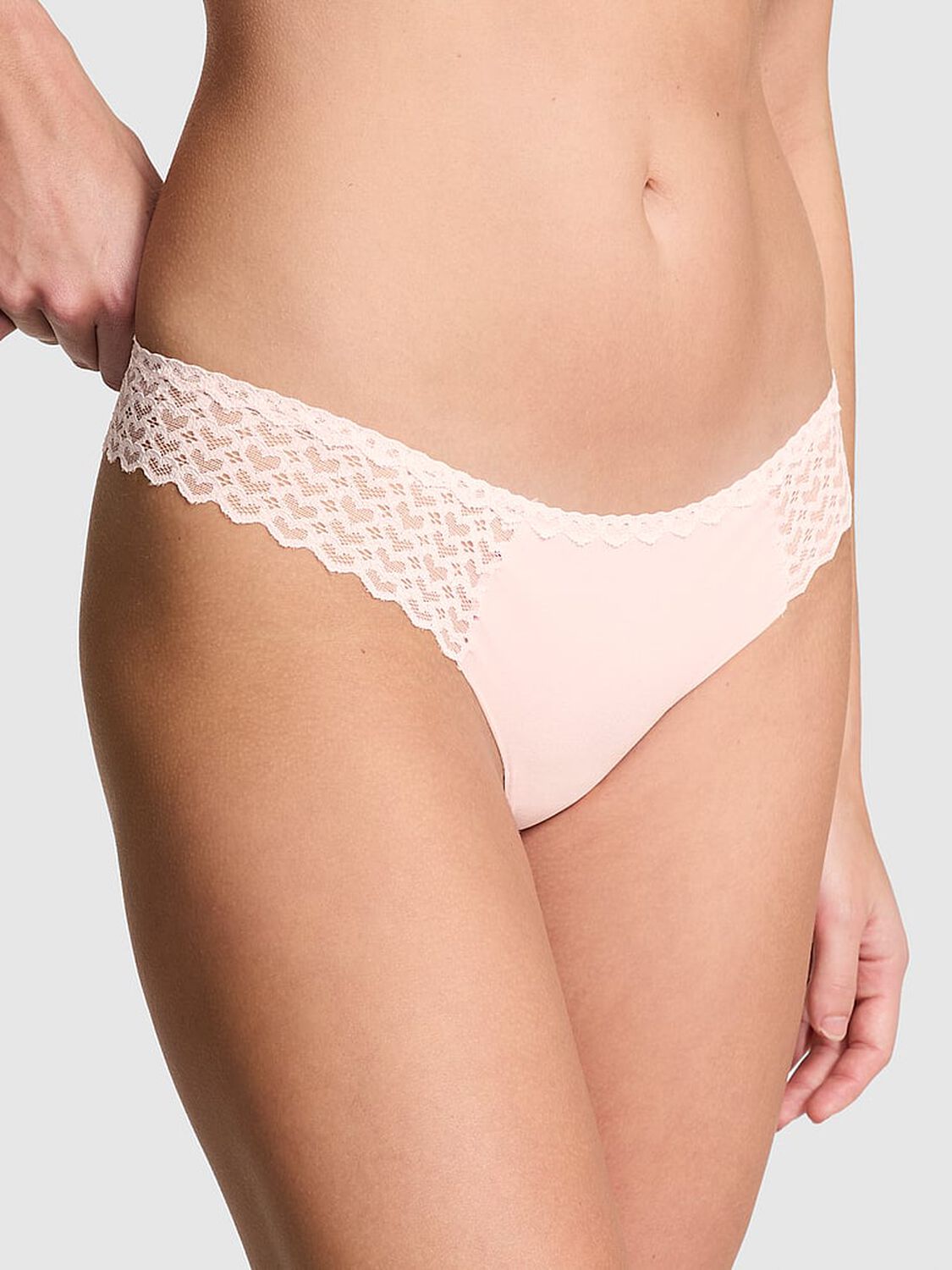 vs Pink No-Show Heart Lace Thong Panty Angel Pink 1 of 3 