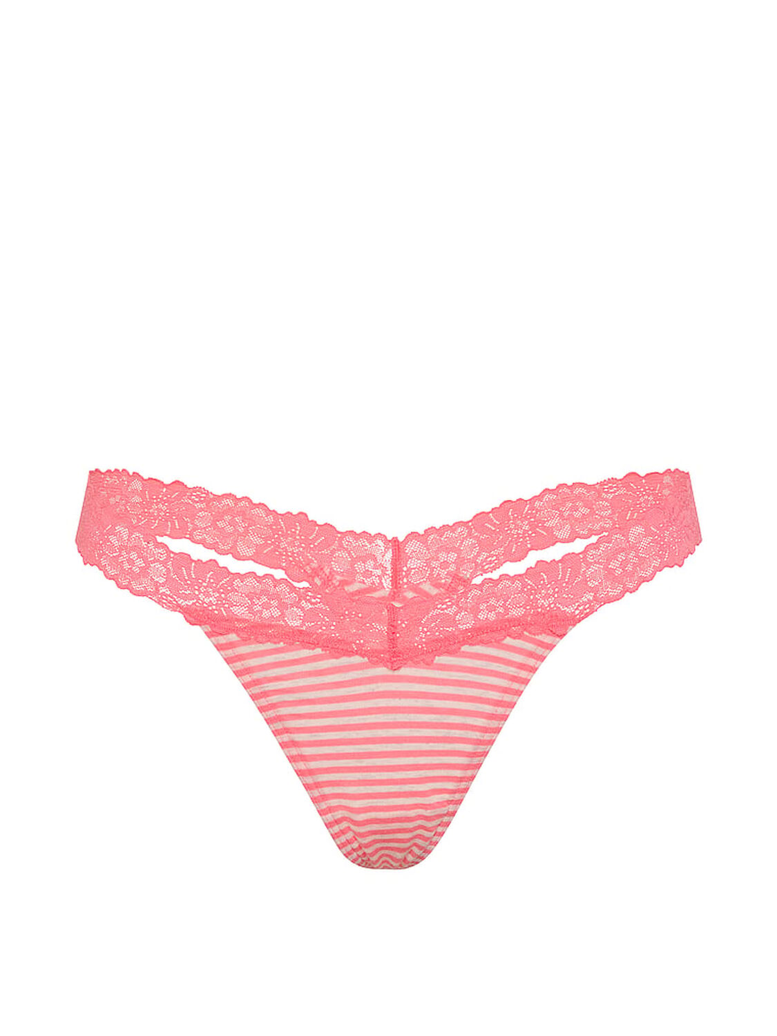 vs Pink Cotton Lace-Trim Thong Panty Heather Frosted Coral Stripe Print 3 of 3 