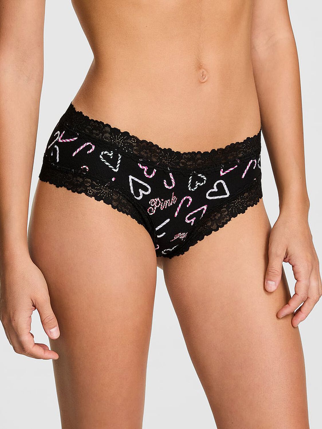 vs Pink Wink Lace-Trim Cheeky Panty Black Candy Cane Heart Print 1 of 3 