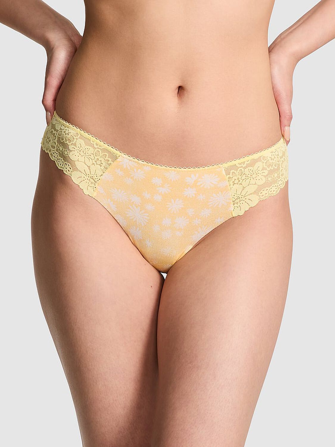 vs Pink No-Show Thong Panty Mellow Yellow Floral Print 1 of 3 