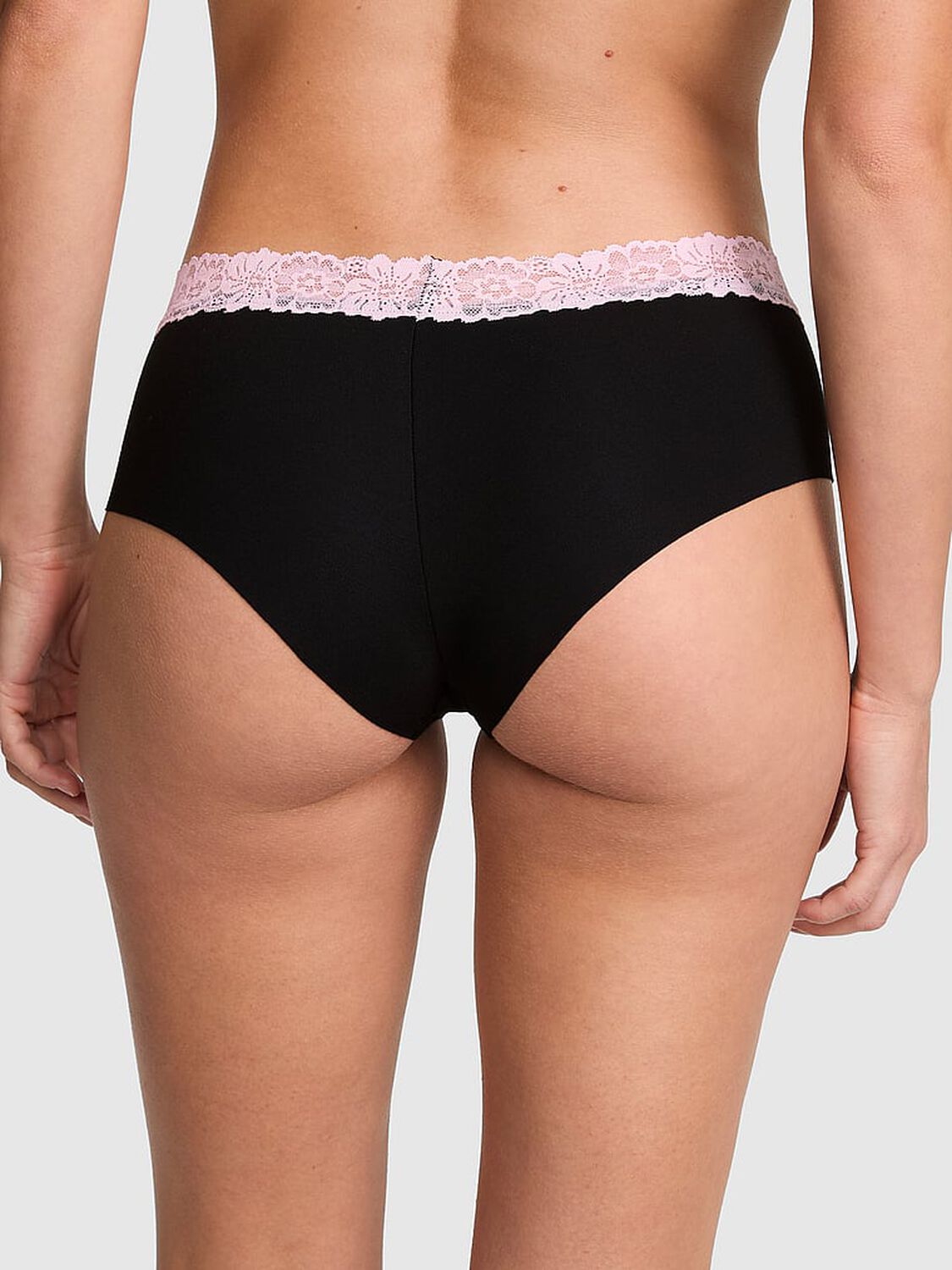 vs Pink No-Show Cotton Cheeky Panty Black W/ Pink Tulip Lace Trim 2 of 3 