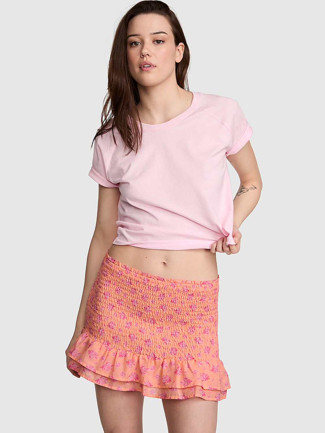 vs Pink Flirty Fit Smocked Mini Skirt Peach Floral 1 of 3 