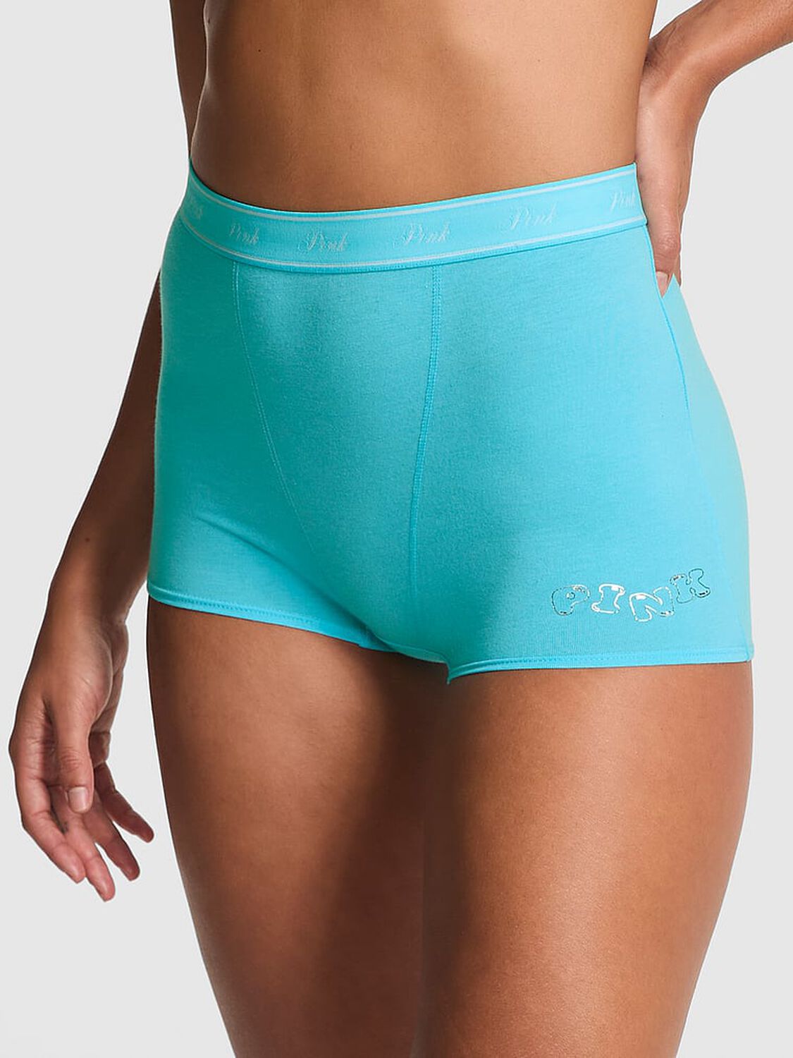 vs Pink Logo Cotton High-Waist Boyshort Panty Aqua Chill Foil Bubble Graphic 1 of 3 
