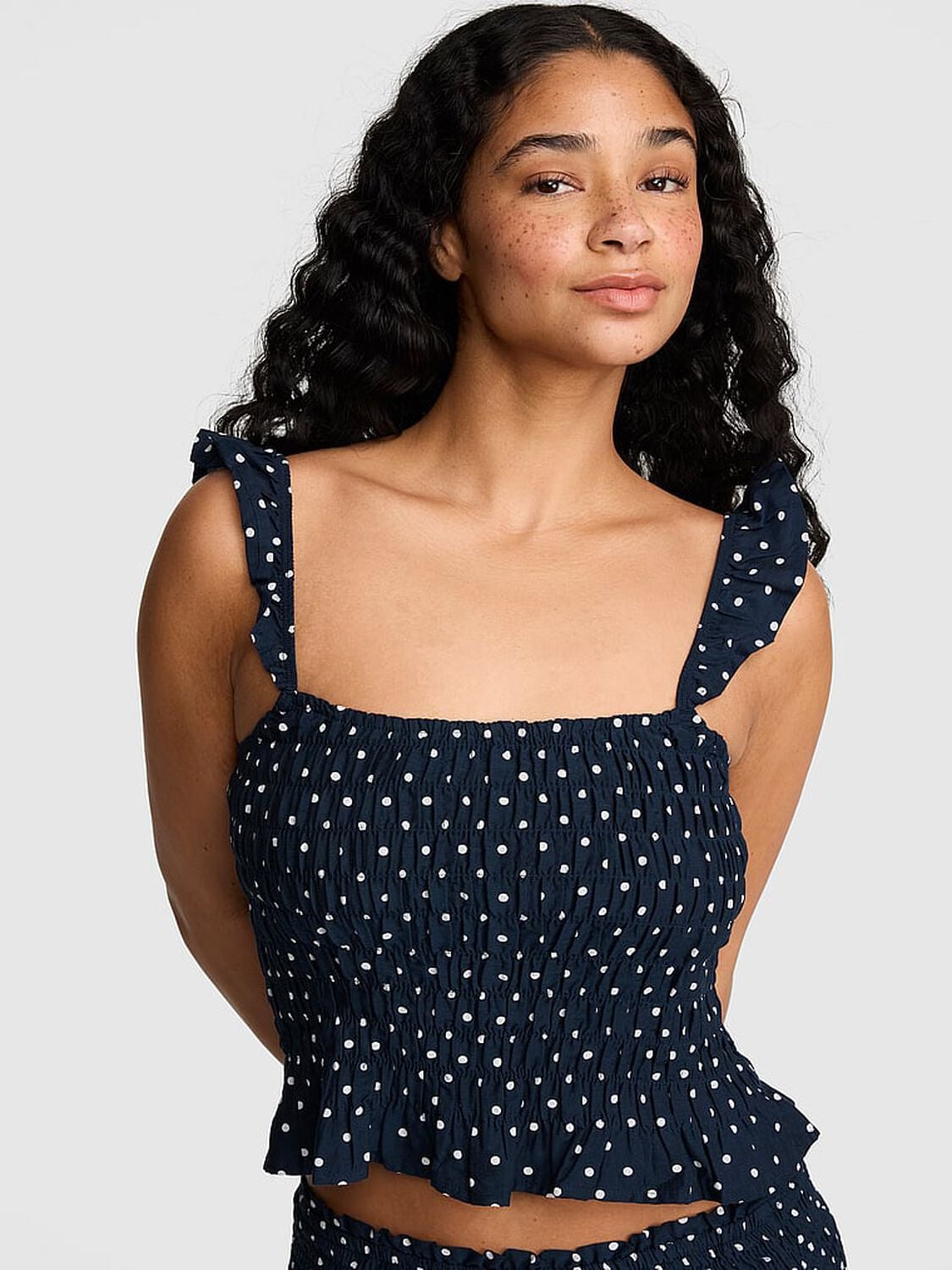 vs Pink Flirty Fit Smocked Tank Top Navy Dot 1 of 3 