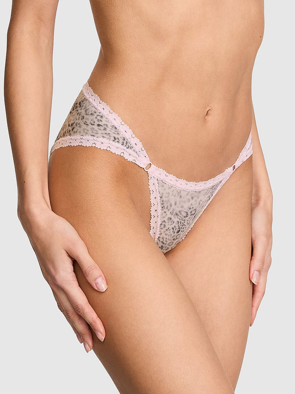 vs Pink Cotton Lace-Trim Low-Rise Cheeky Panty Natural Leo Print With Pink Tulip Lace 1 of 3 