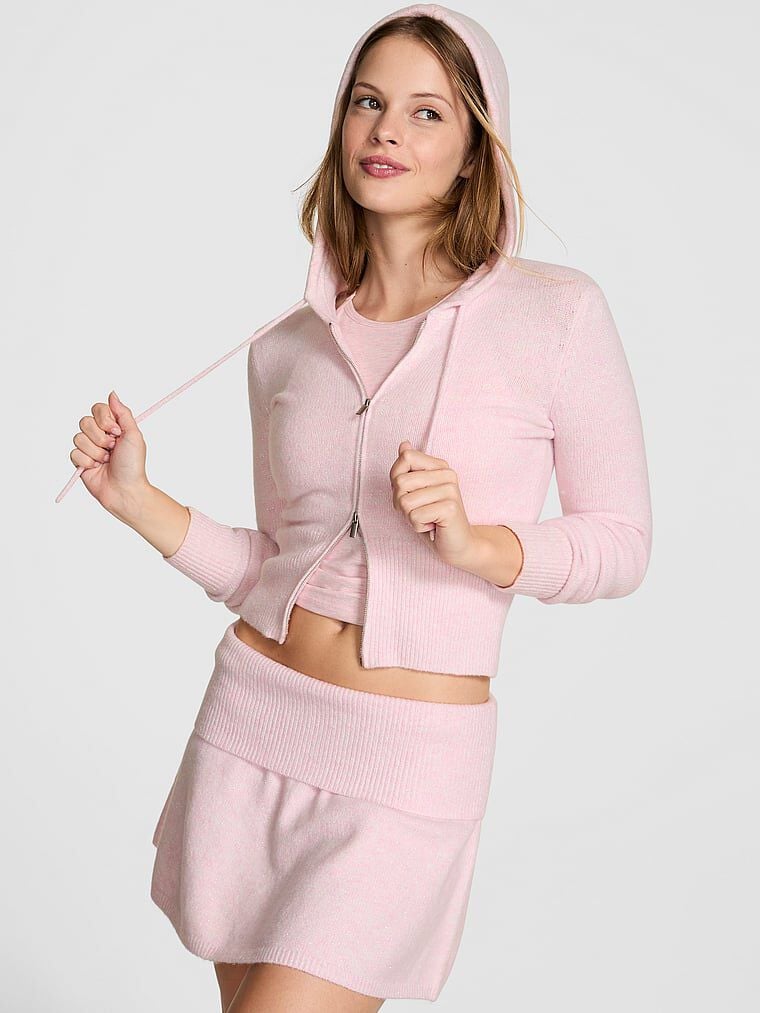 Front-Zip Shrunken Sweater Hoodie Pink Petal Heather Lurex