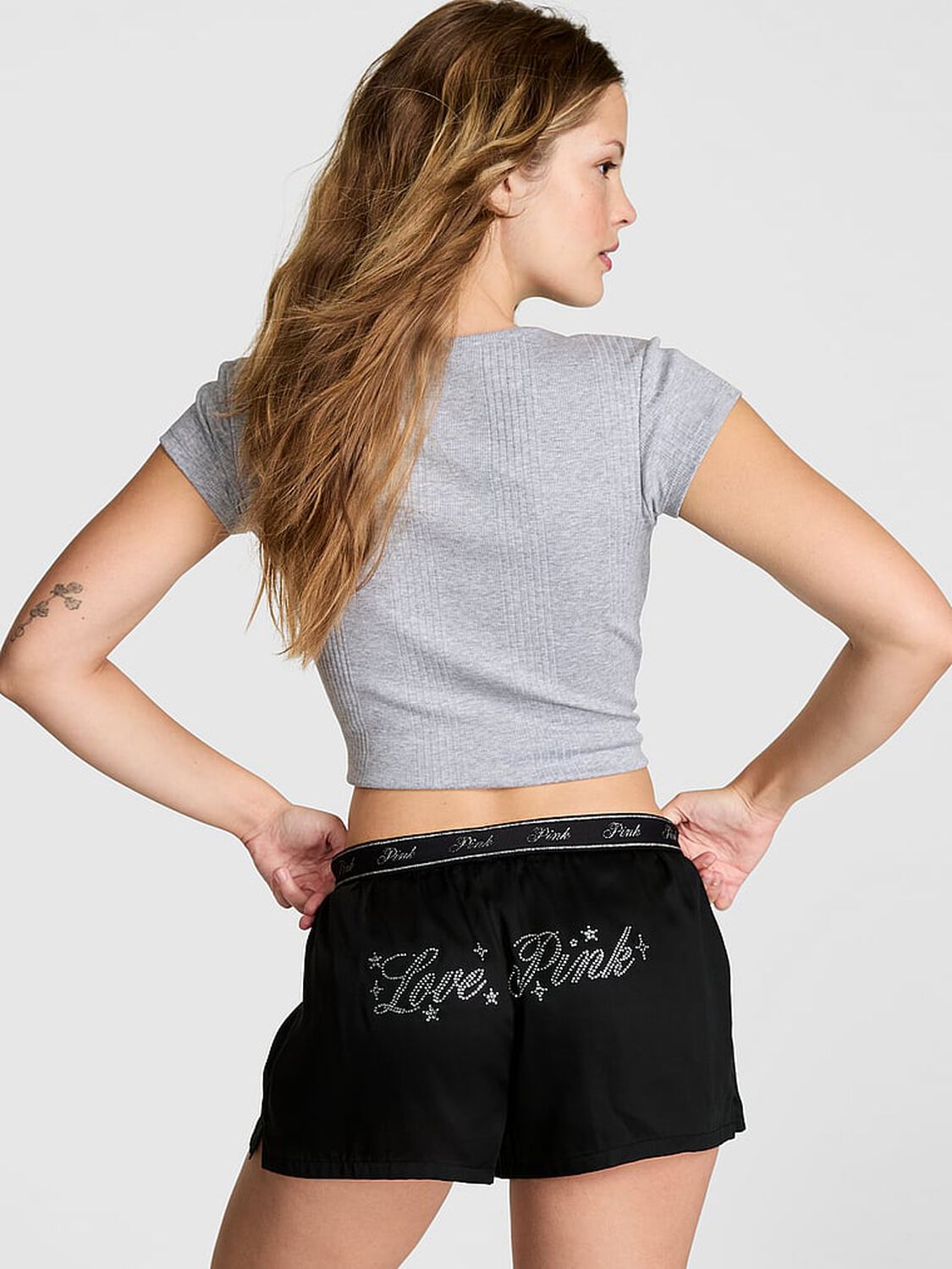 vs Pink Silky Sleep Boxy Pajama Shorts Black "Love Pink" Diamante Butt Graphic 2 of 2 