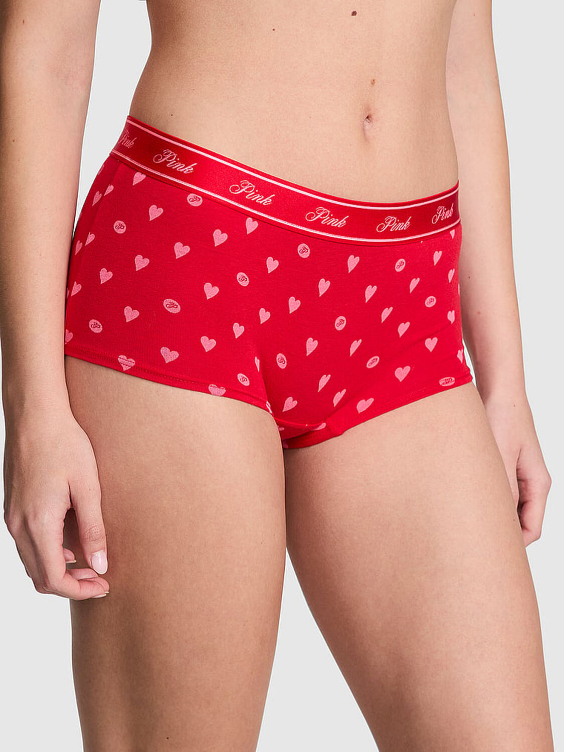 vs Pink Logo Cotton Shine Boyshort Panty Bright Vermillion Heart Dot Print 1 of 3 