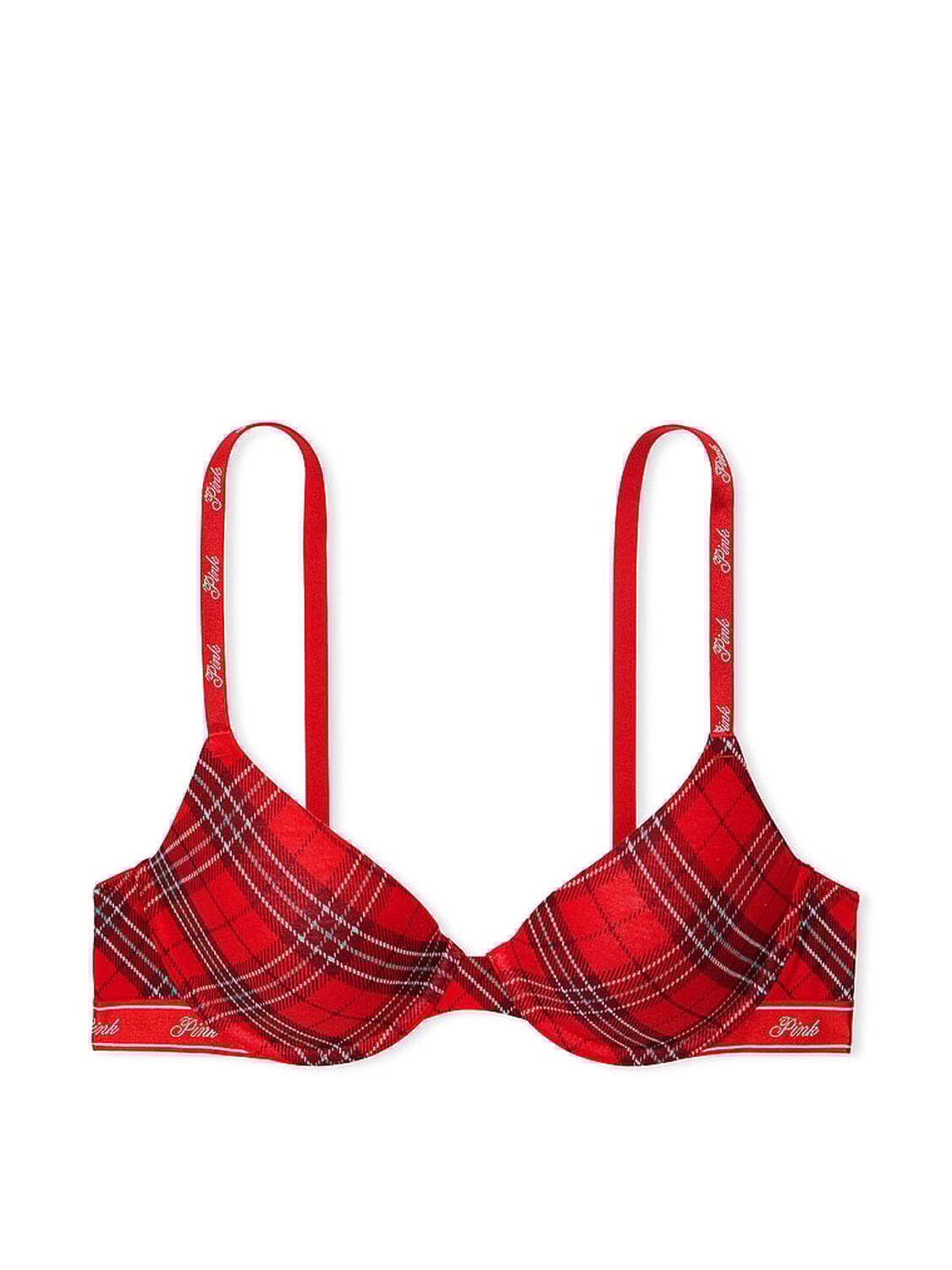 vs Pink Wear Everywhere Wear Everywhere Lightly Lined Full Coverage T-Shirt Bra Red Plaid Print 1 of 3 