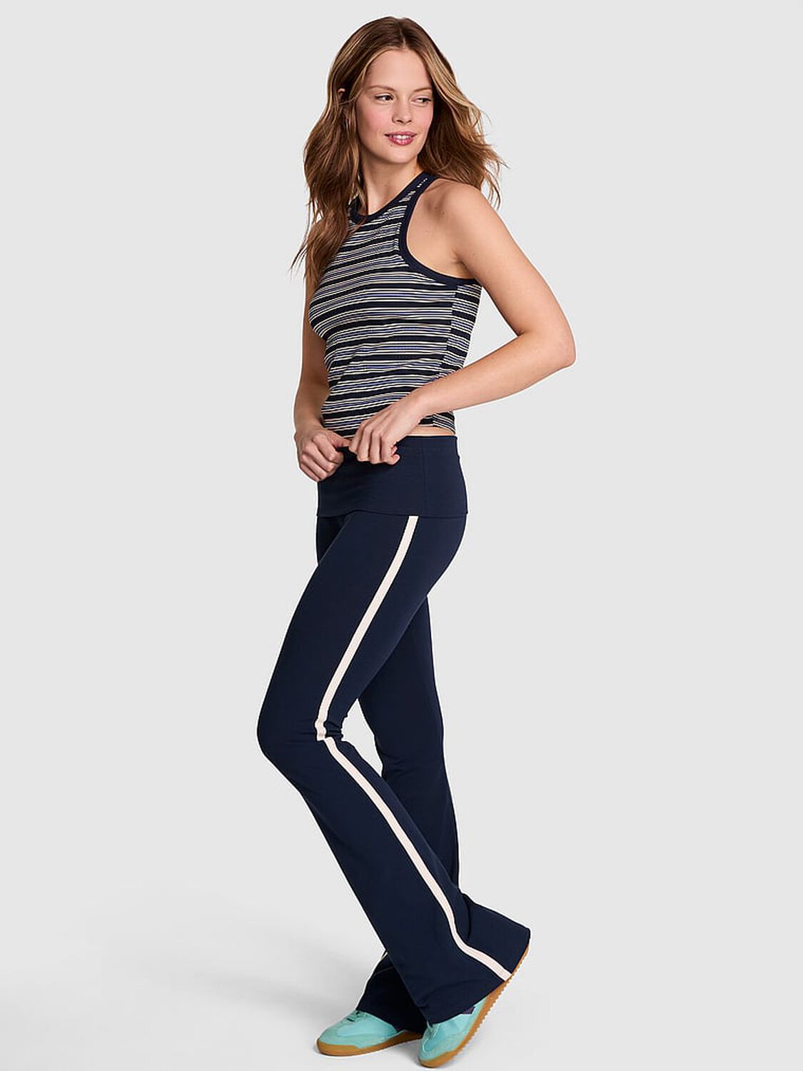 vs Pink All-Day Cotton Foldover Flare Leggings Noir Navy 1 of 3 