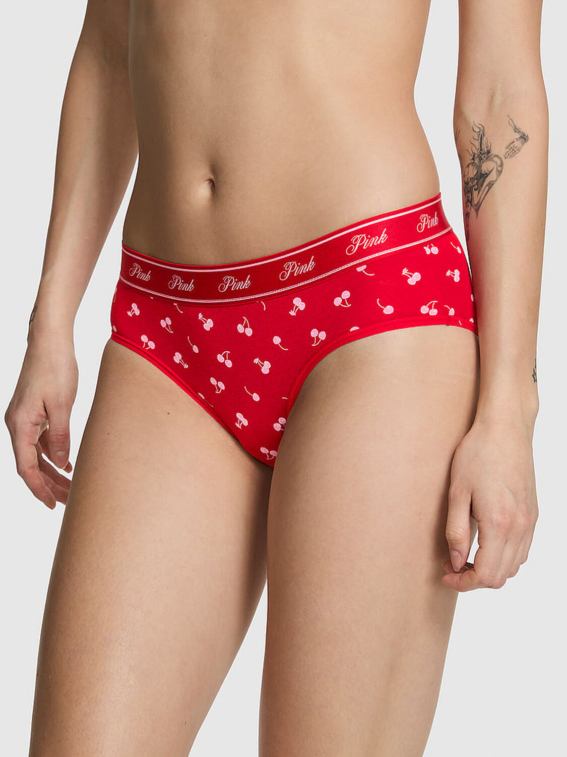 vs Pink Logo Cotton Hiphugger Panty Bright Vermillion Cherries 1 of 3 