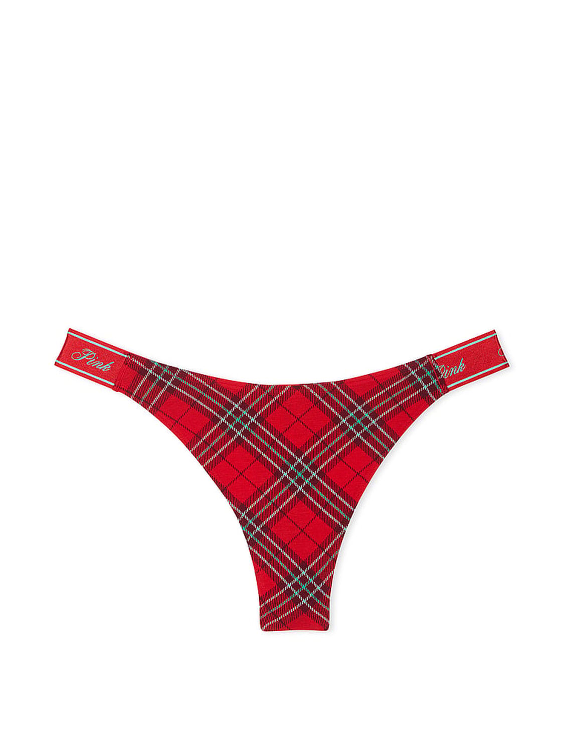 vs Pink Logo Cotton Shine High-Leg Thong Panty Bright Vermillion Plaid Print 3 of 3 