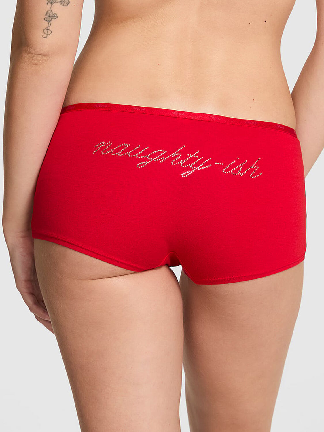 vs Pink Logo Cotton Boyshort Panty Bright Vermillion Naughtyish Diamante Graphic 2 of 2 