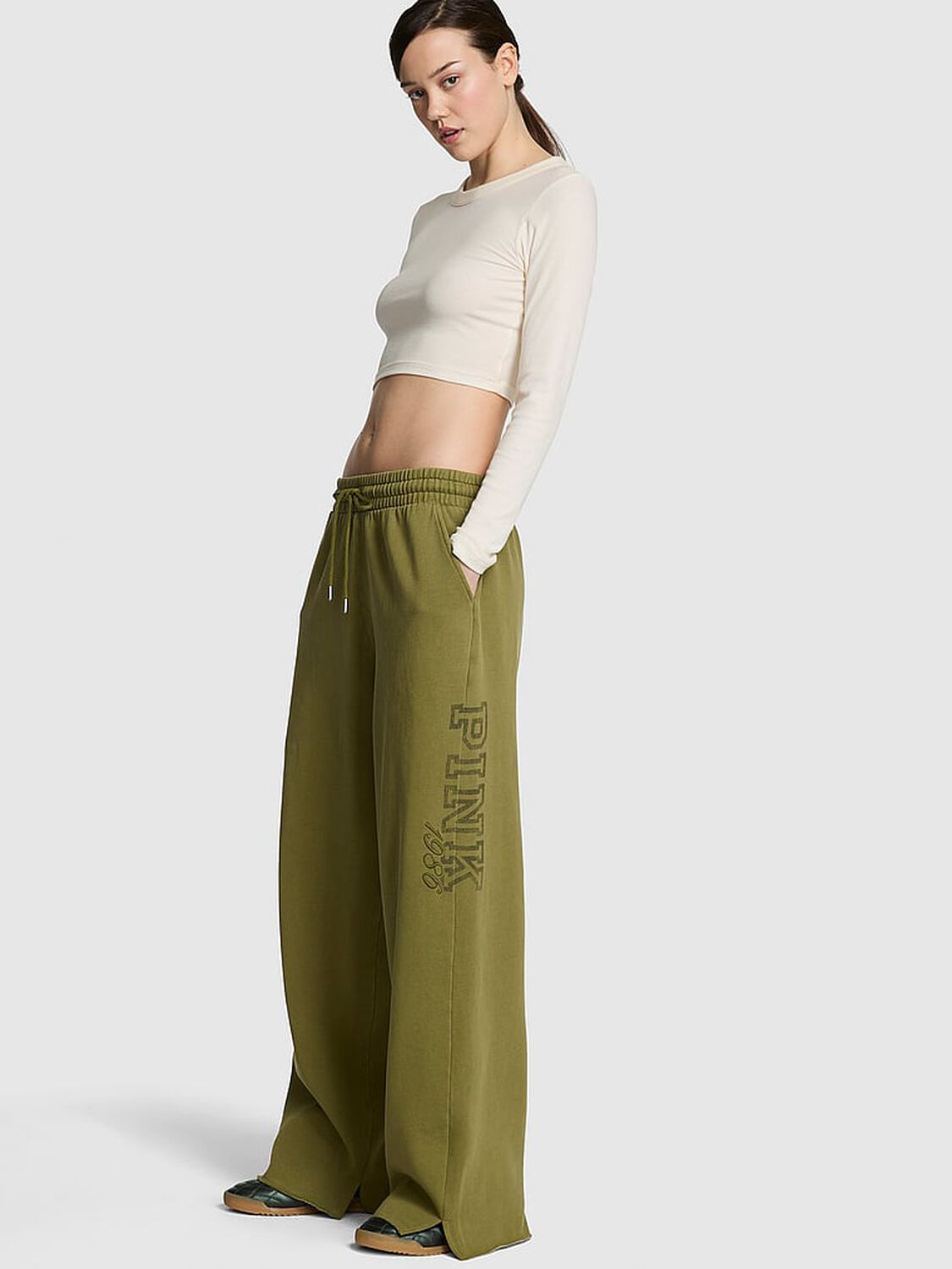 vs Pink Campus Fleece&trade; Wide-Leg Split-Hem Sweatpants Lizard Green Spring 1 of 3 