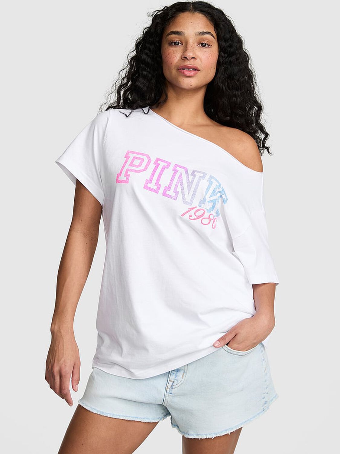 pink Pink Campus Cotton&trade; Off-The-Shoulder Tee White 1 of 3 