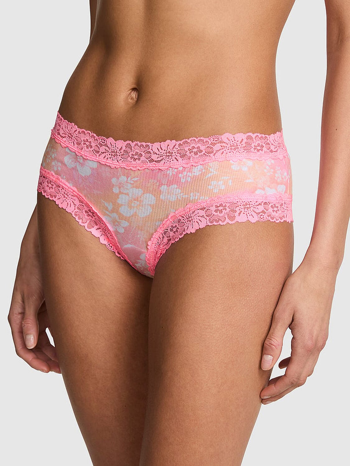 vs Pink PINK Wink&trade; Lace-Trim Cheeky Panty Rose Chiffon Hibiscus Floral Print 1 of 3 
