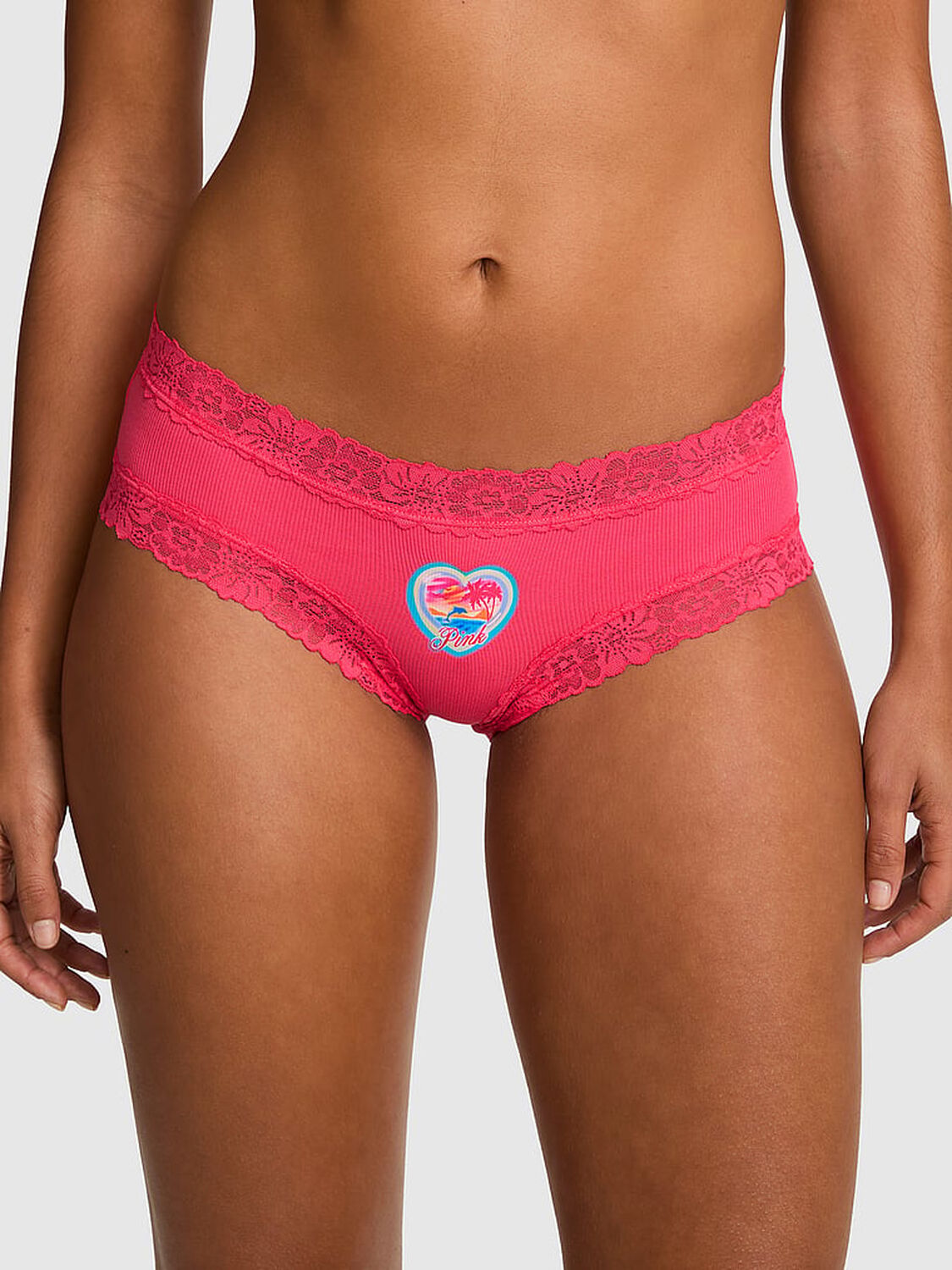 vs Pink PINK Wink&trade; Lace-Trim Cheeky Panty Candy Pink W/ Pink Heart Island Graphic 1 of 3 