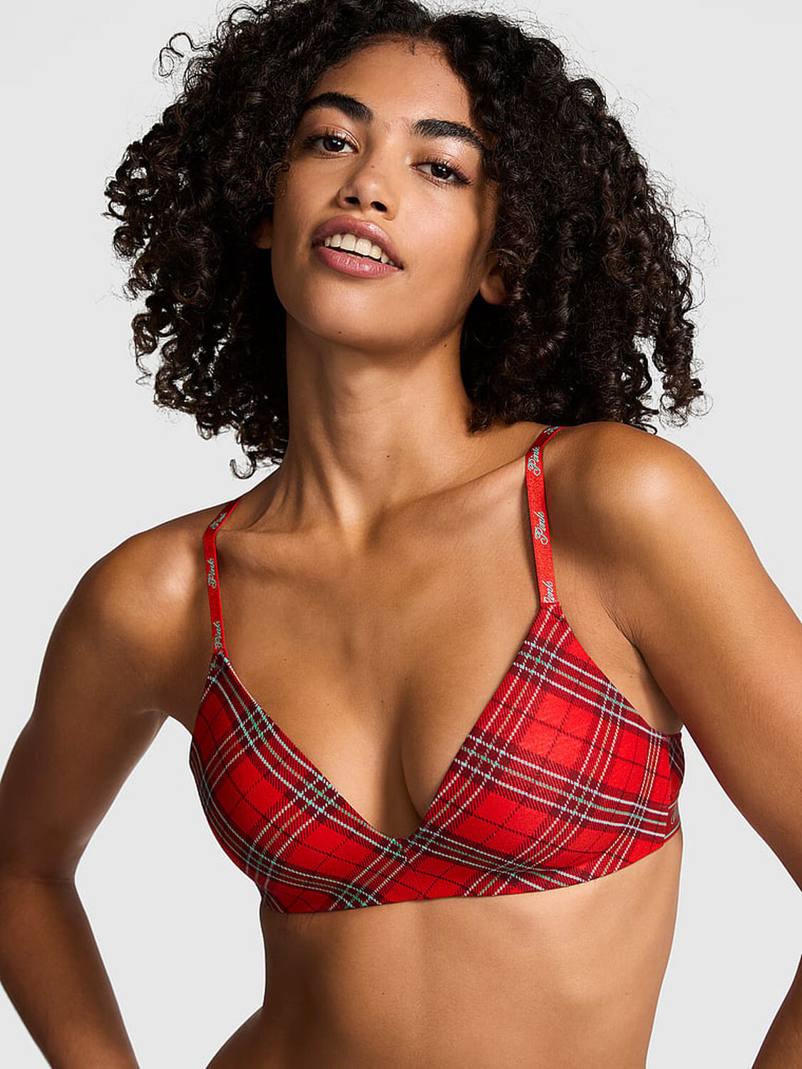 vs Pink Wear Everywhere Wear Everywhere Lightly Lined Wireless Bra Red Plaid Print 1 of 3 
