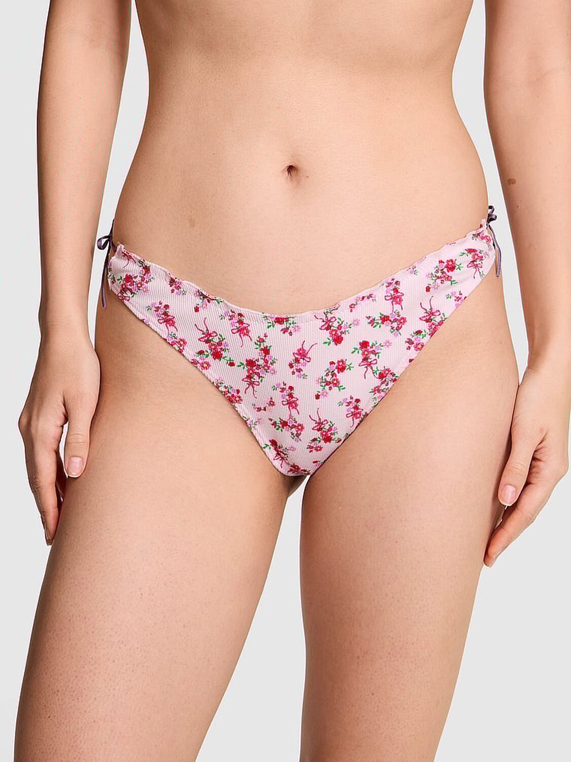 vs Pink Cotton Side-Tie Thong Panty Pink Tulip Floral Bow 1 of 3 