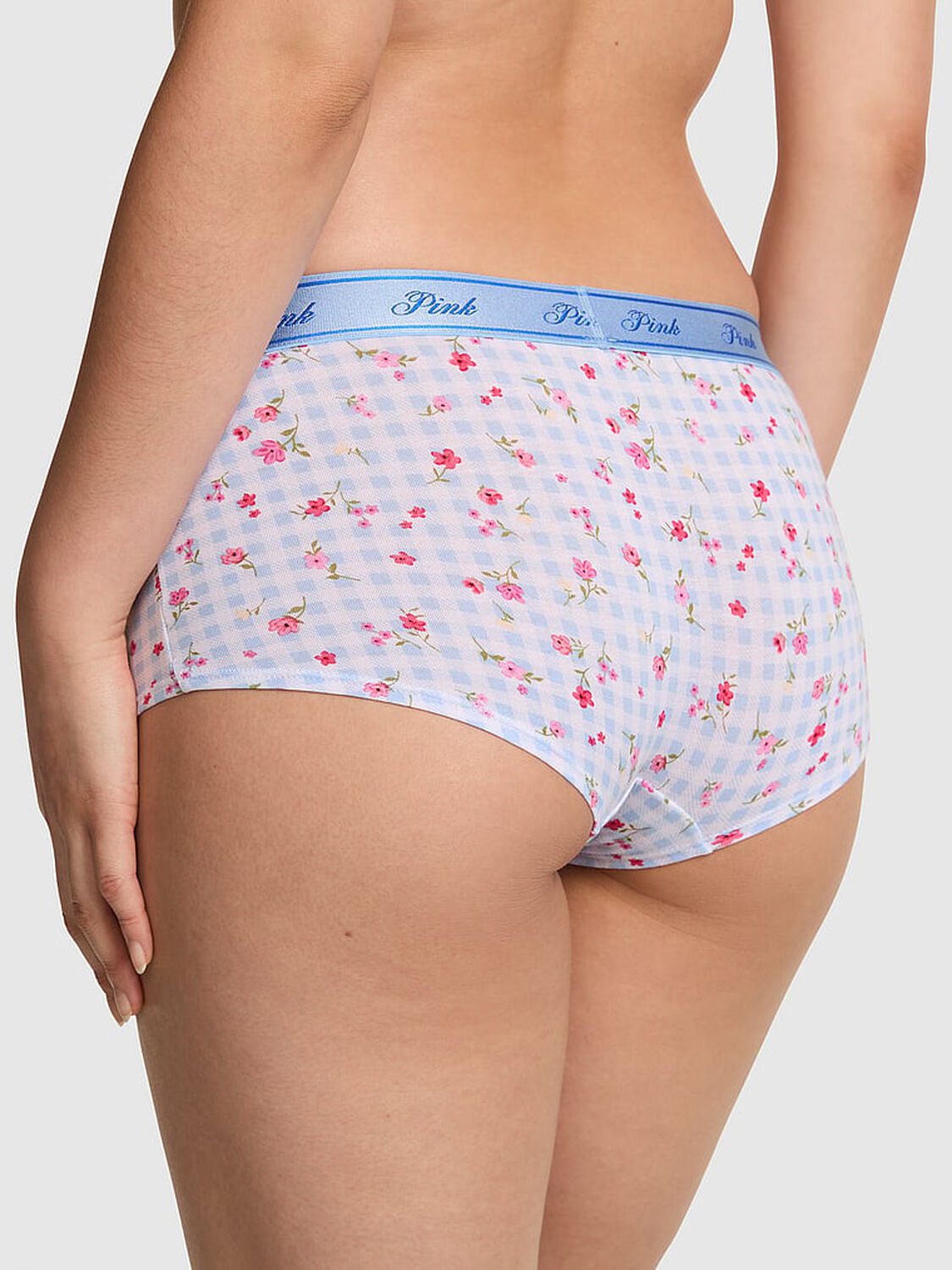 vs Pink Logo Cotton Boyshort Panty Blue Dancer Gingham Floral 2 of 3 