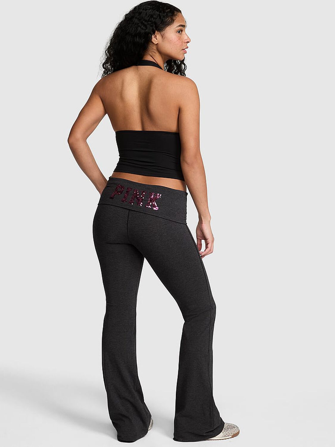 pink Pink All-Day Cotton&trade; Foldover Flare Leggings Charcoal Heather With Pink Sequin 2 of 4 