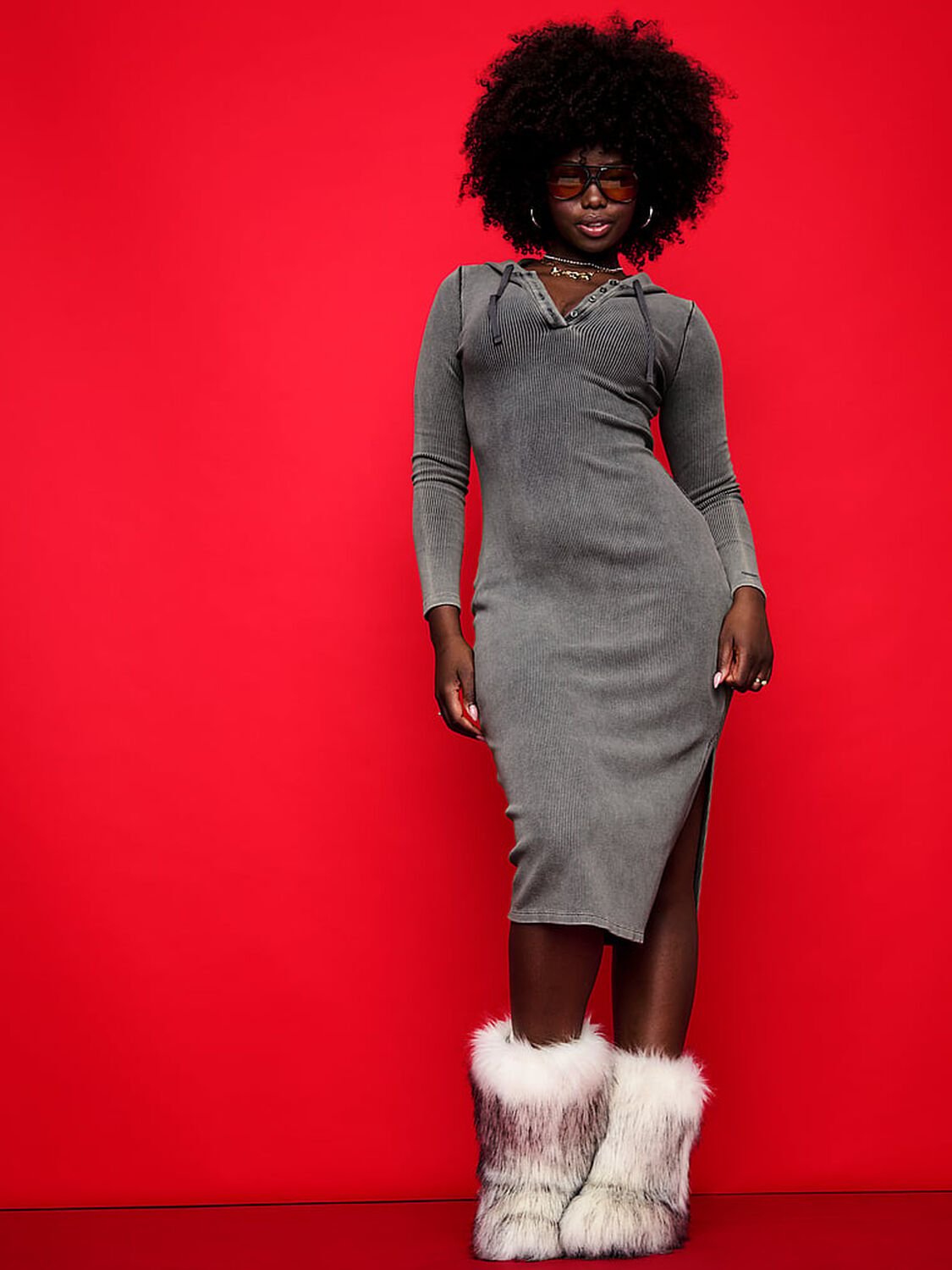 vs Pink Vintage Ribbed Henley Hoodie Dress Pure Black 3 of 3 