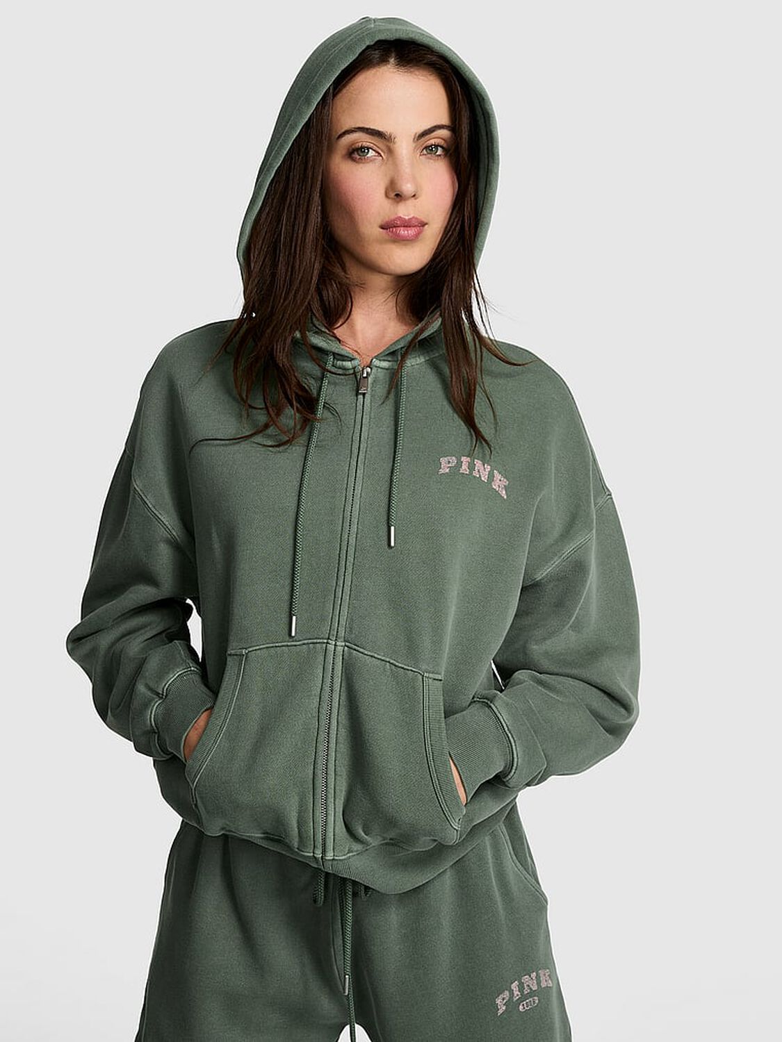 vs Pink Ivy Fleece Campus Full-Zip Hoodie Wild Thyme 1 of 3 