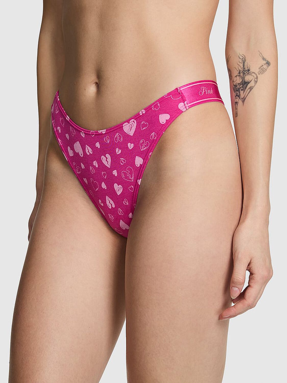 vs Pink Logo Cotton Shine High-Leg Thong Panty Pink Fire Broken Hearts Print 1 of 3 