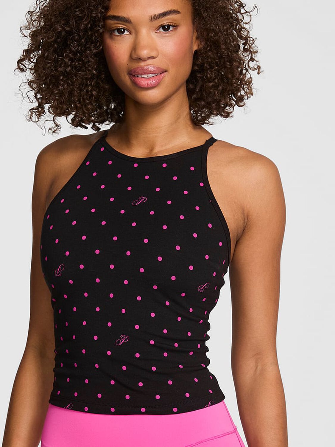 vs Pink All-Day Cotton&trade; High-Neck Tank Pure Black Polka Dot Print 1 of 3 