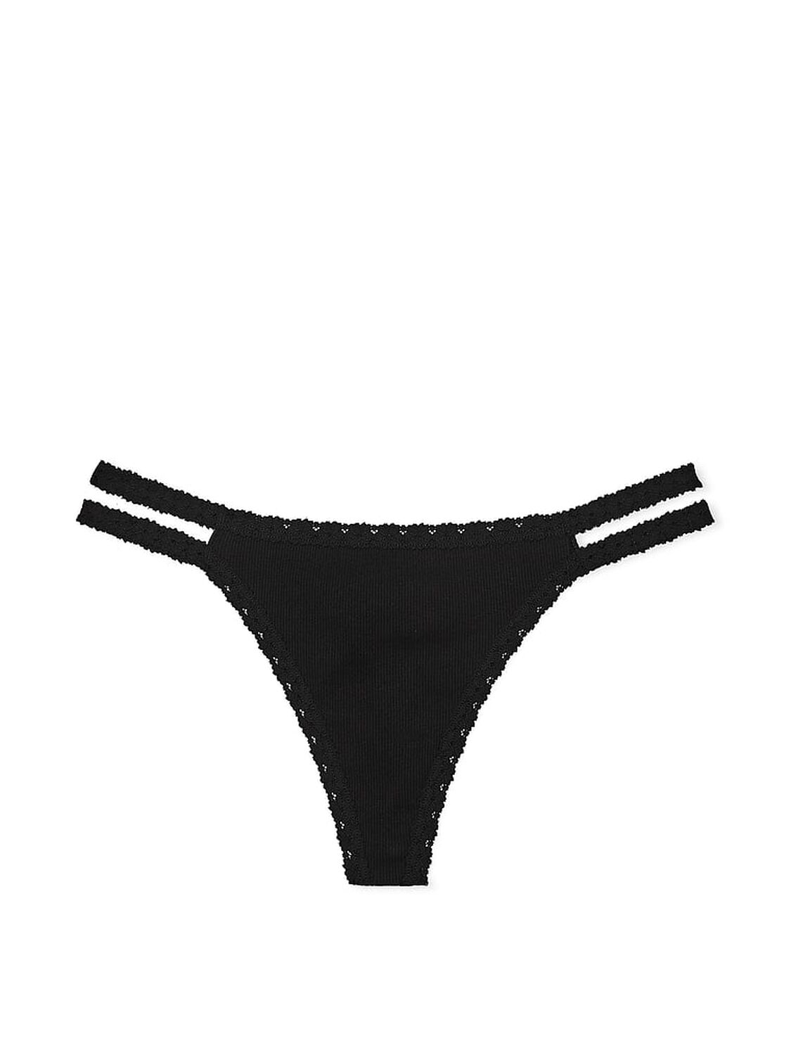 vs Pink WINK Lace-Trim Strappy Thong Panty Pure Black 3 of 3 