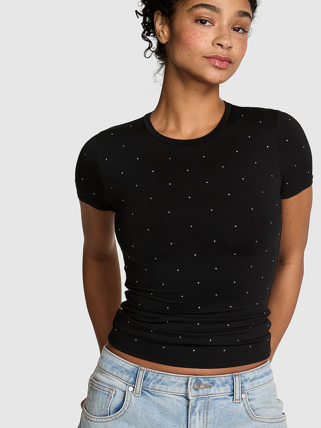 vs Pink Base Stretch Short-Sleeve Tee Pure Black Diamante 1 of 3 