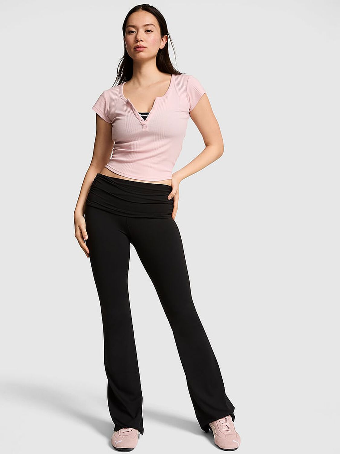 vs Pink PINK Relay&trade; Ruched Foldover Flare Leggings Pure Black 1 of 3 