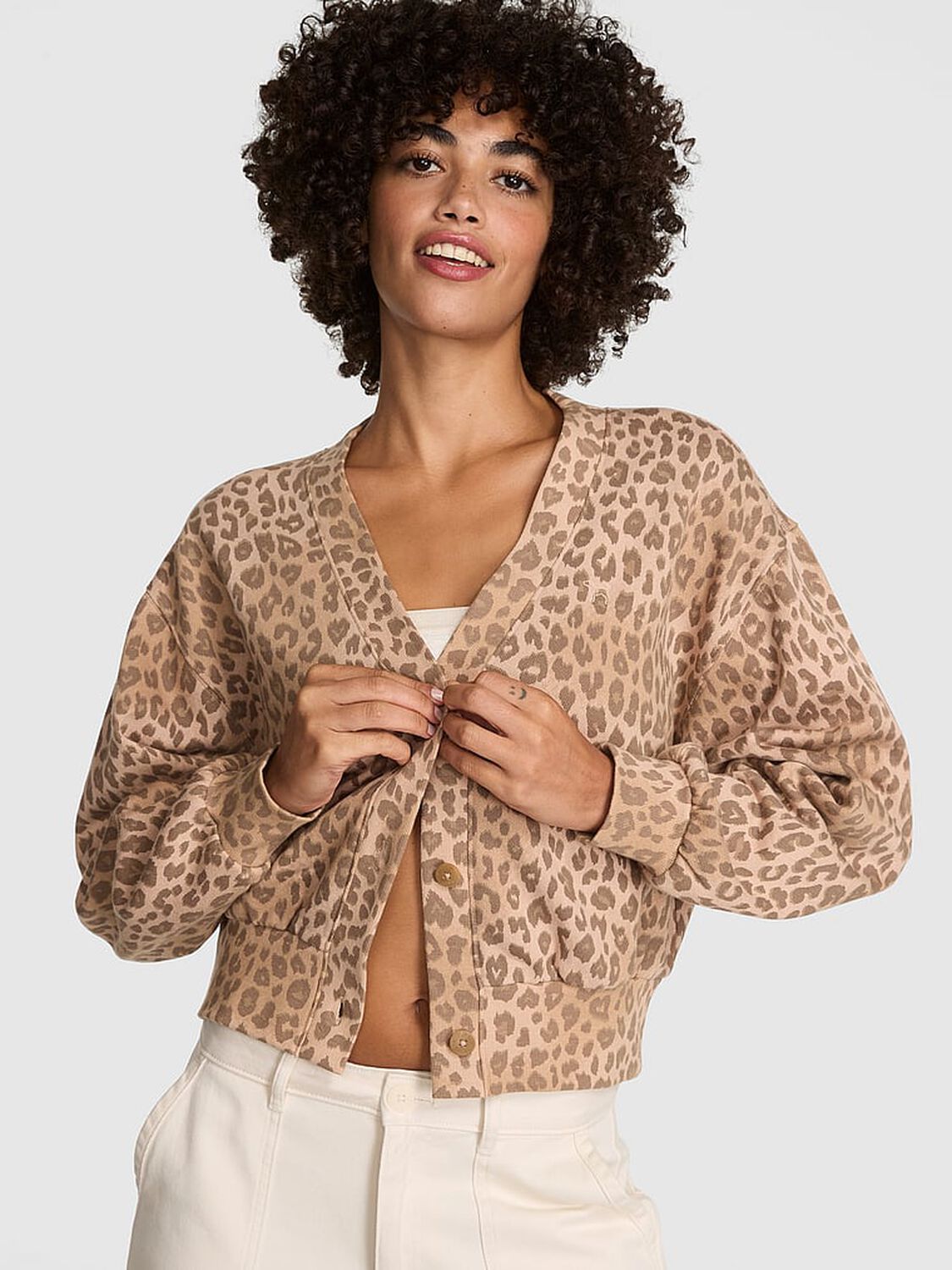 vs Pink Ivy Fleece Cropped Cardigan Leopard 1 of 3 