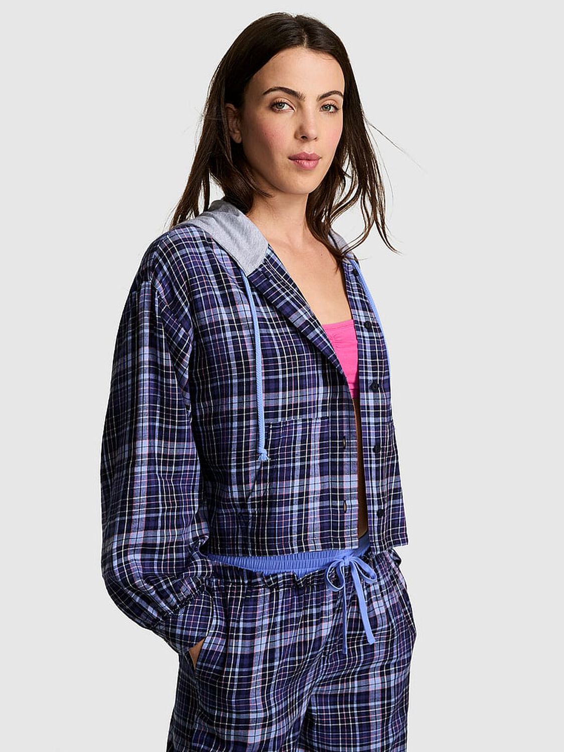 vs Pink Flannel Hooded Long- Sleeve Top Nior Navy Plaid 1 of 3 