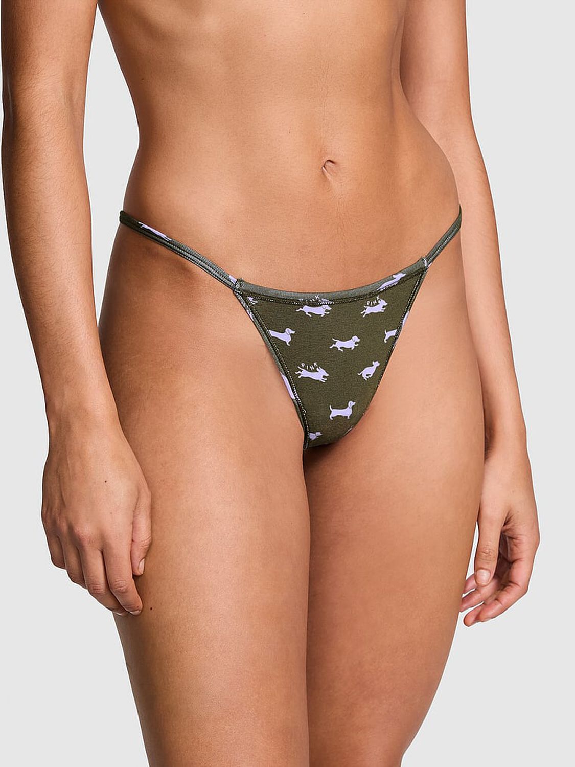 vs Pink Cotton V-String Panty Casual New Olive Dog Print 1 of 3 