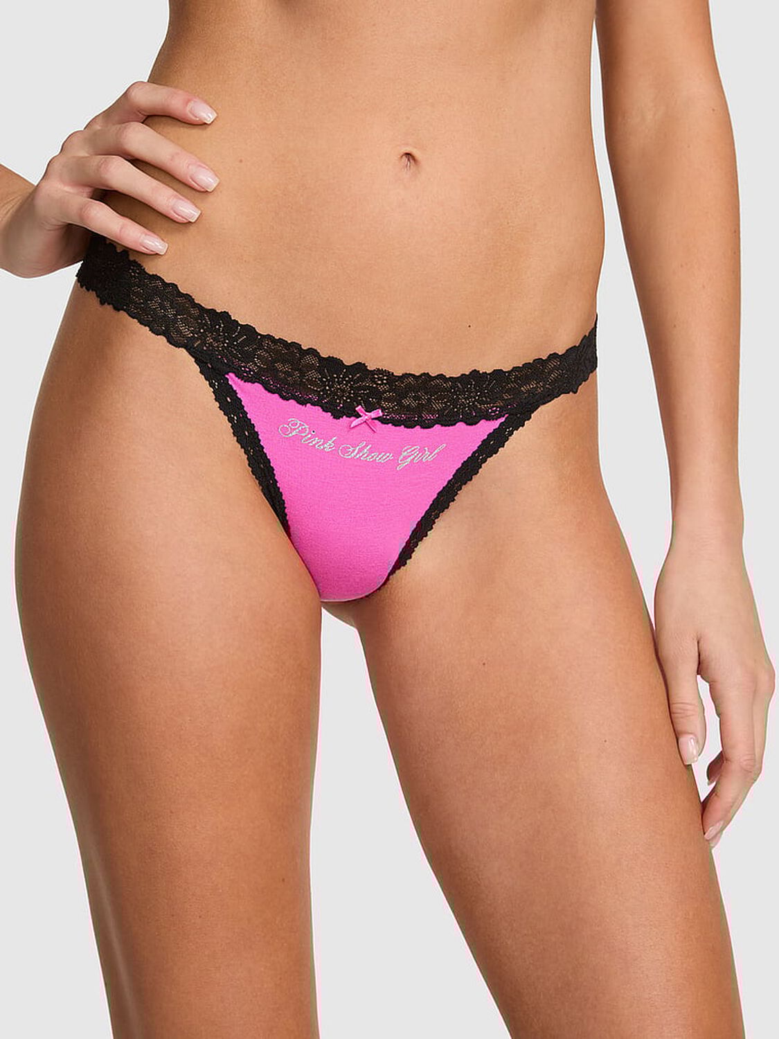 vs Pink Cotton Lace-Trim Bikini Panty Pink Gossip Showgirl Graphic 1 of 4 