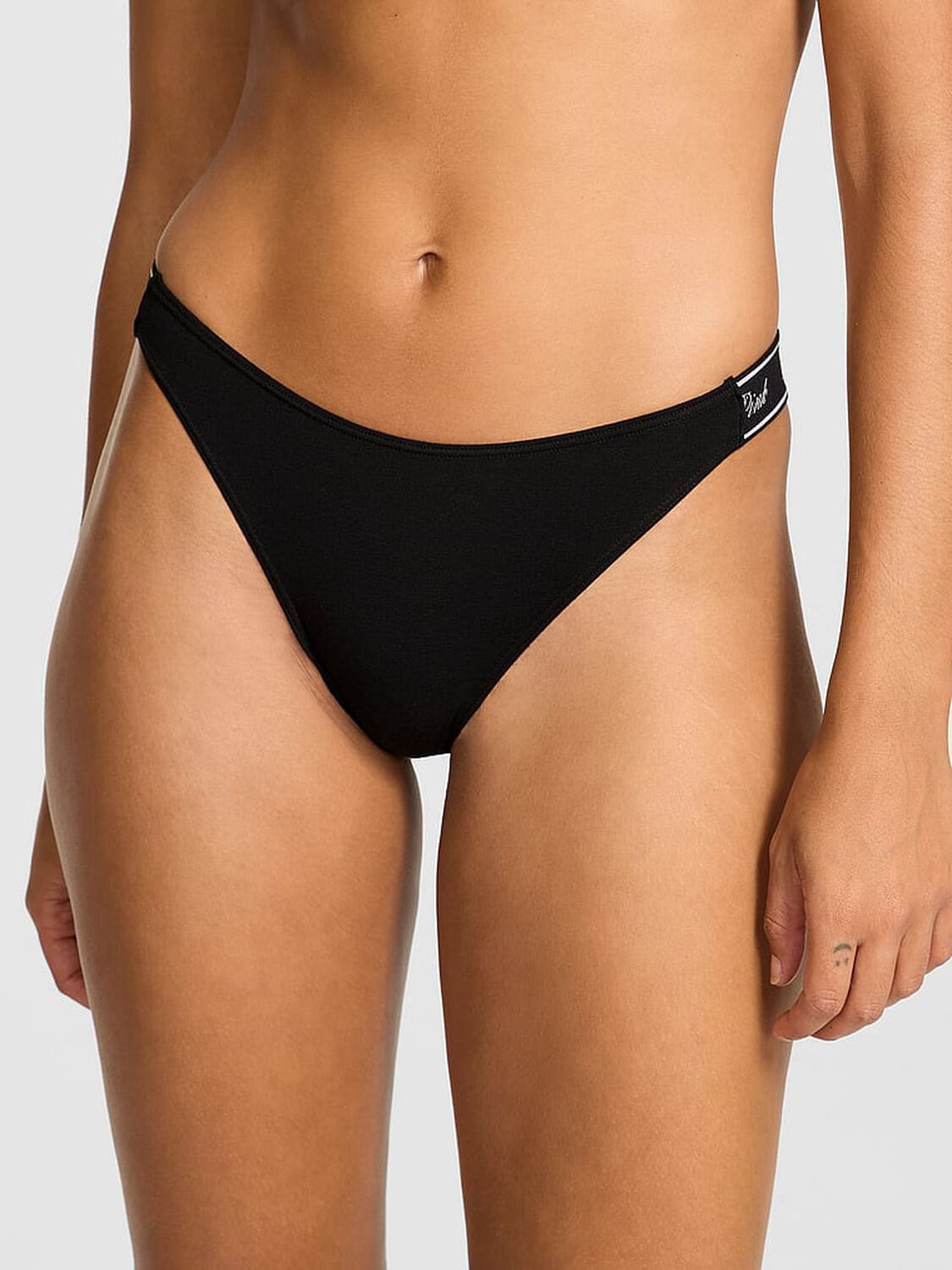 vs Pink Logo Cotton Shine High-Leg Thong Panty Pure Black 1 of 3 