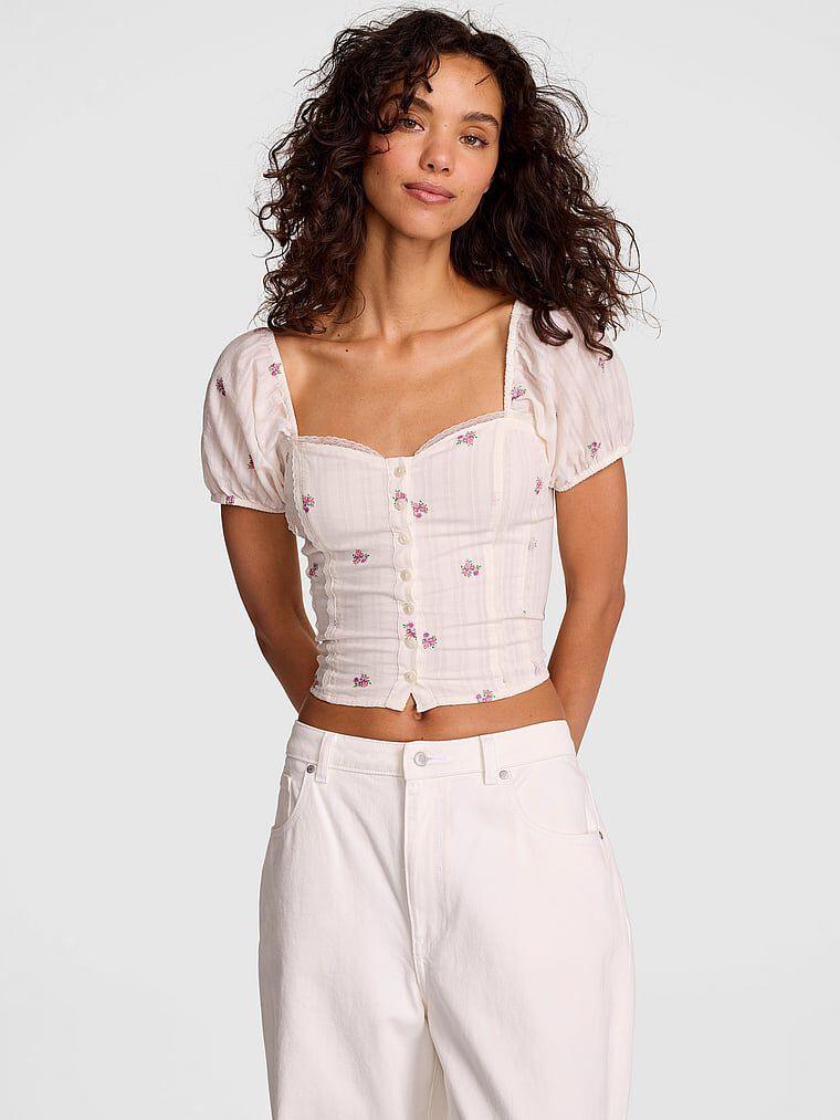 Puff-Sleeve Corset Top Winter White Floral M | Victoria's Secret