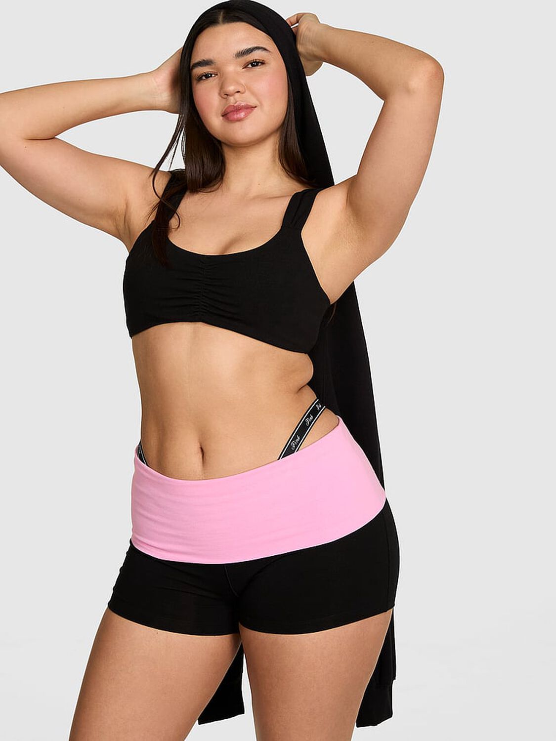 vs Pink All-Day Cotton&trade; Foldover 3" Bike Shorts Pure Black Bling With Pink Lollipop 1 of 3 