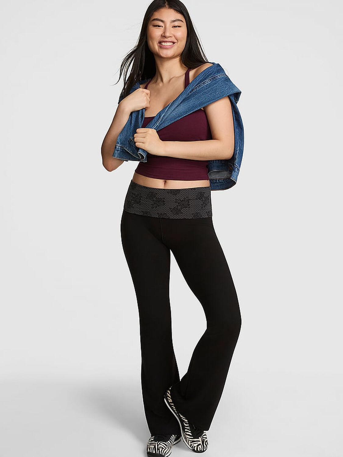 vs Pink All-Day Cotton Foldover Flare Leggings Pure Black Lace Wb 1 of 3 