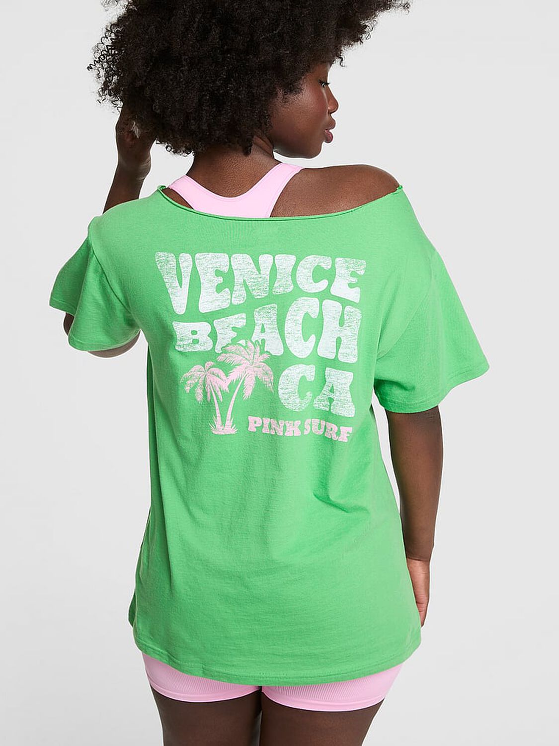 vs Pink Campus Cotton Off-The-Shoulder Tee Wild Green Venice 2 of 3 