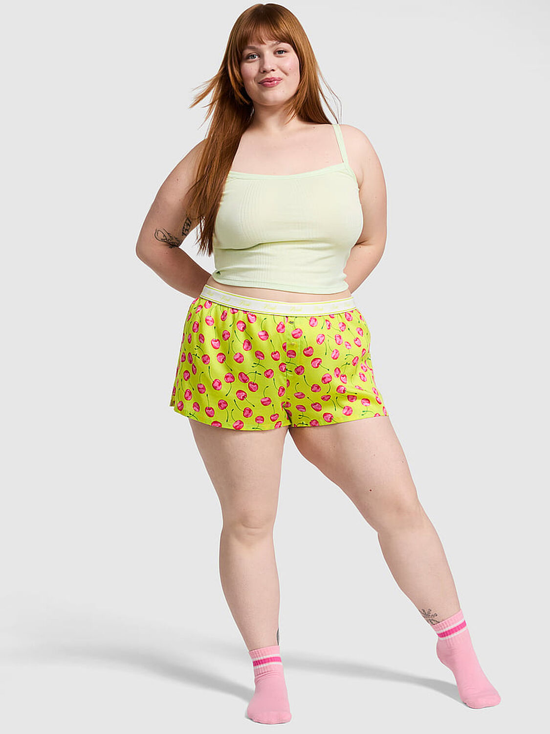 vs Pink Silky Sleep Boxy Pajama Shorts Tipsy Lime Cherries 1 of 3 