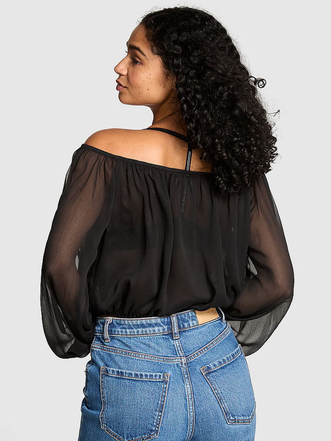 vs Pink Chiffon Long-Sleeve Off-The-Shoulder Top Pure Black 2 of 3 