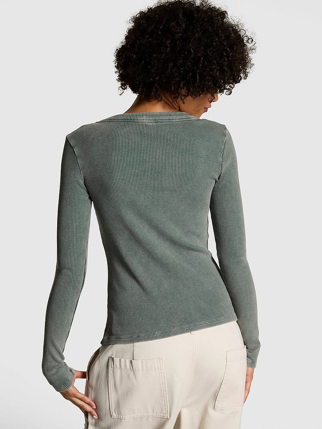 vs Pink Vintage Ribbed Button-Down Long-Sleeve Tee Deep Forest 2 of 3 