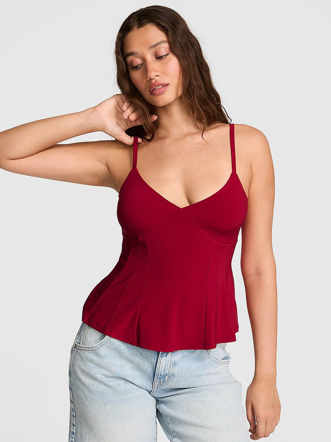 vs Pink Night-Out Stretchy Knit Corset Tank Top Red Lacquer 1 of 3 