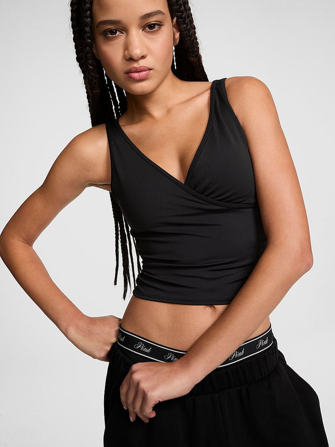 vs Pink PINK Relay&trade; Ruched Wrap Bra Tank Pure Black 1 of 3 