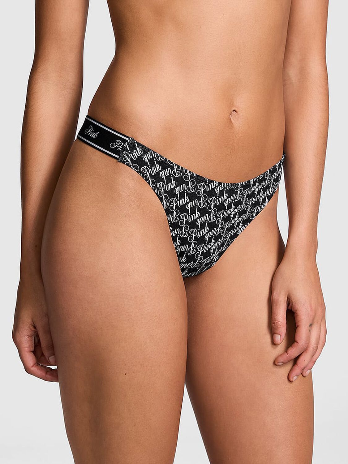 vs Pink Logo Cotton High-Leg Thong Panty Pure Black Logo Script Print 1 of 3 