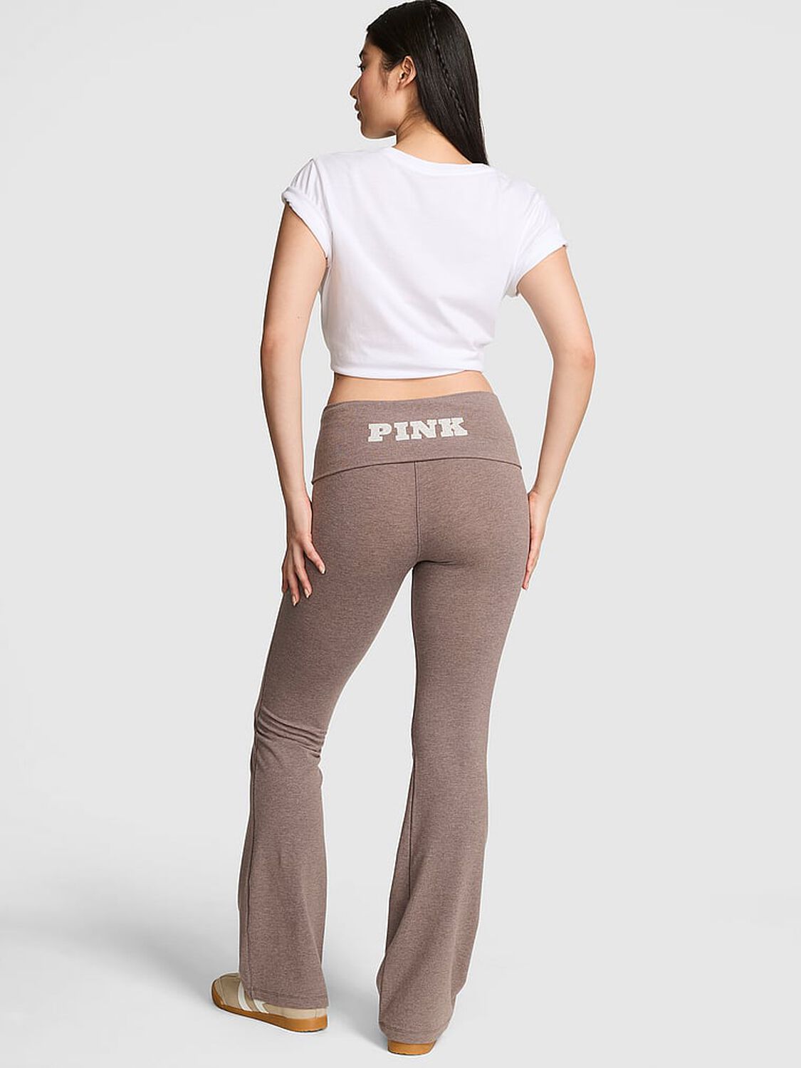 vs Pink All-Day Cotton Foldover Flare Leggings Cocoa Heather Blush Bling 2 of 3 